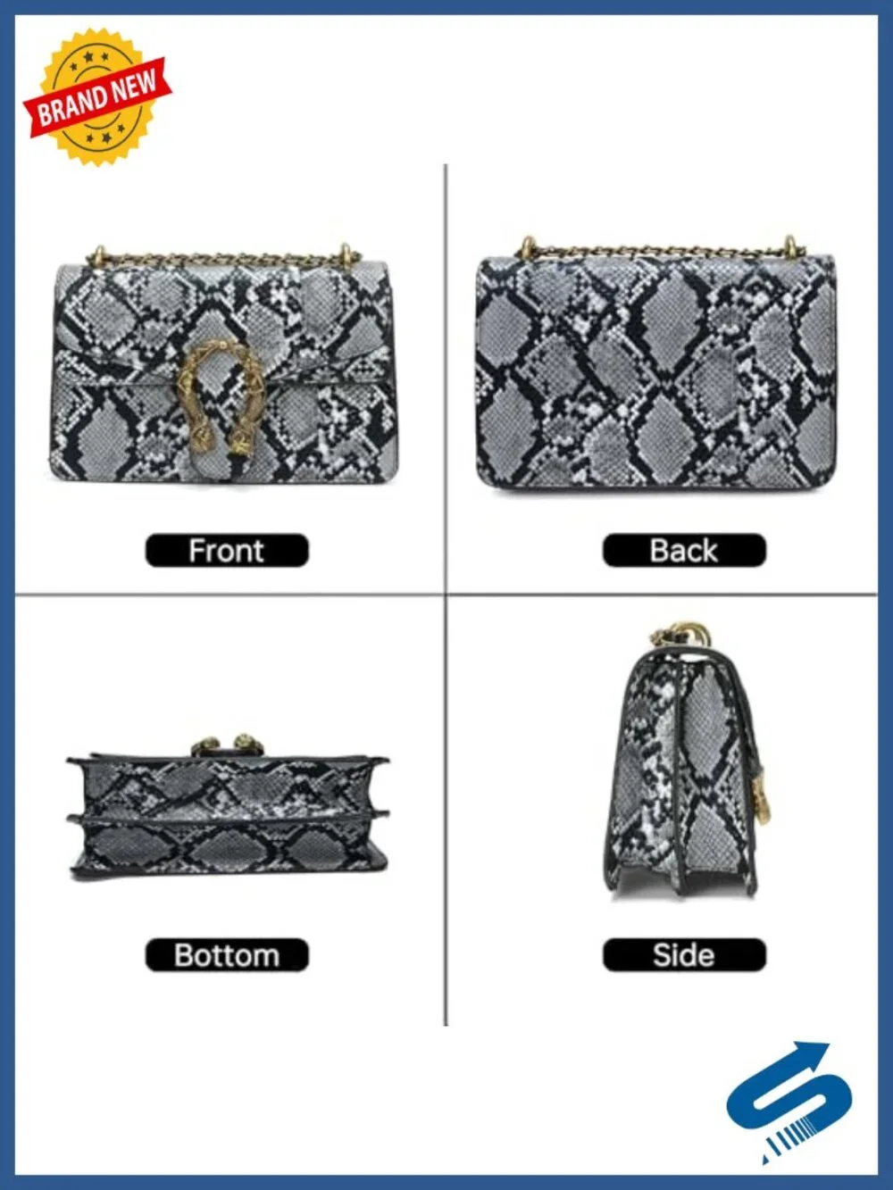 Snakeskin Print Crossbody Purse PU Leather Shoulder Bag Chain Strap Women